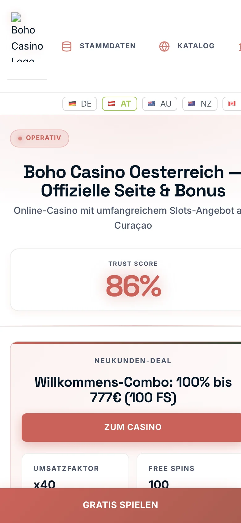 Boho Casino mobile lobby screenshot