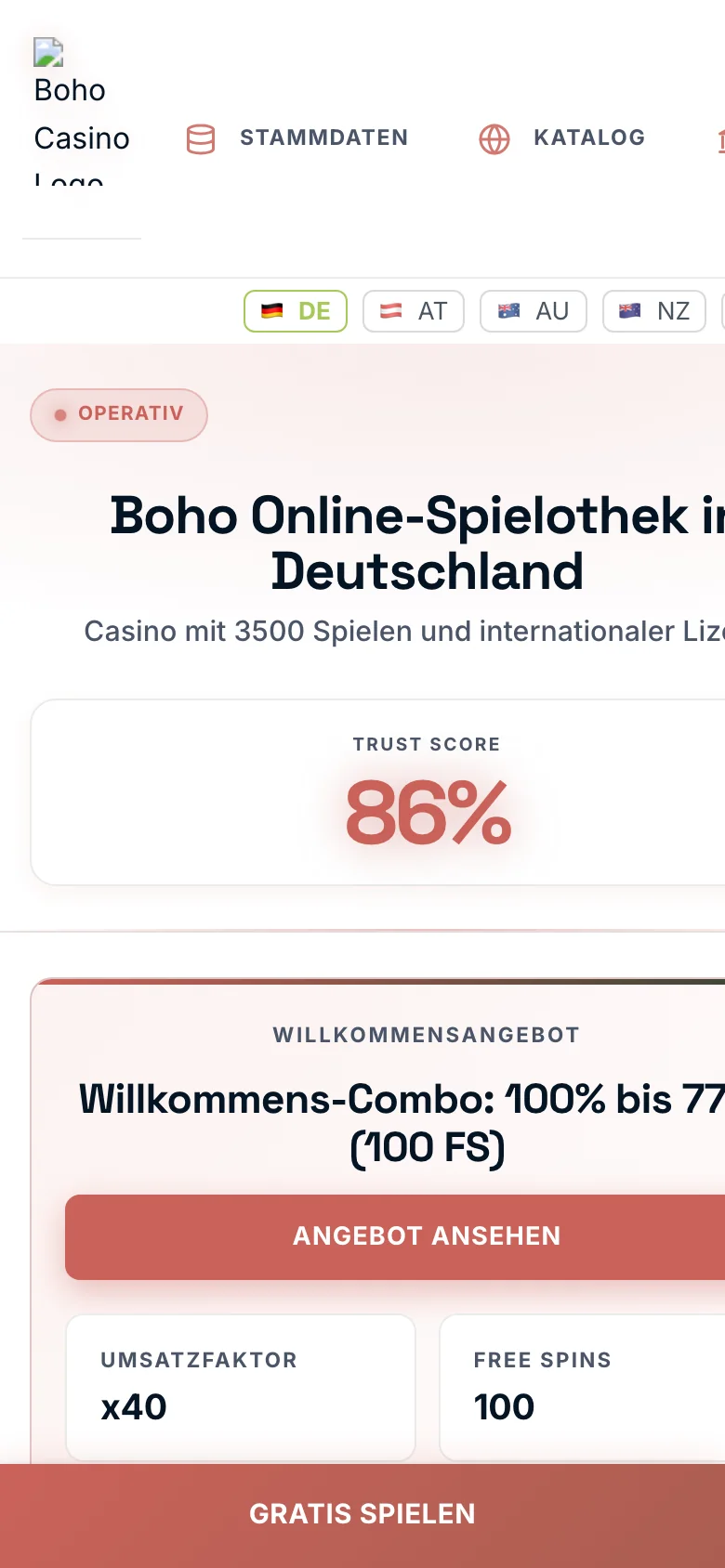Boho Casino mobile lobby screenshot